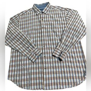 Tommy Bahama 100% Silk Shirt Blue Brown Plaid Long Sleeve Button Down Size XL